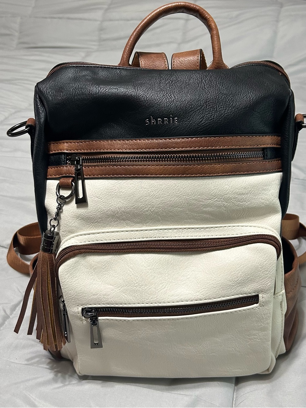 Shrrie Vegan Leather Backpack Neutral Cream Brown Travel Laptop Bag - Picture 4 of 14